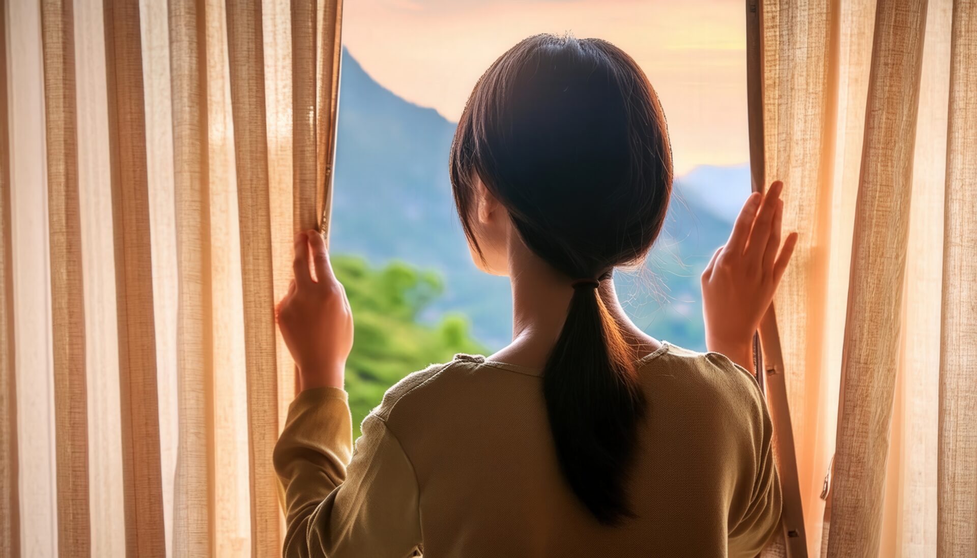 後ろ姿の若い女性がカーテンを開けているシーン