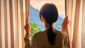 後ろ姿の若い女性がカーテンを開けているシーン