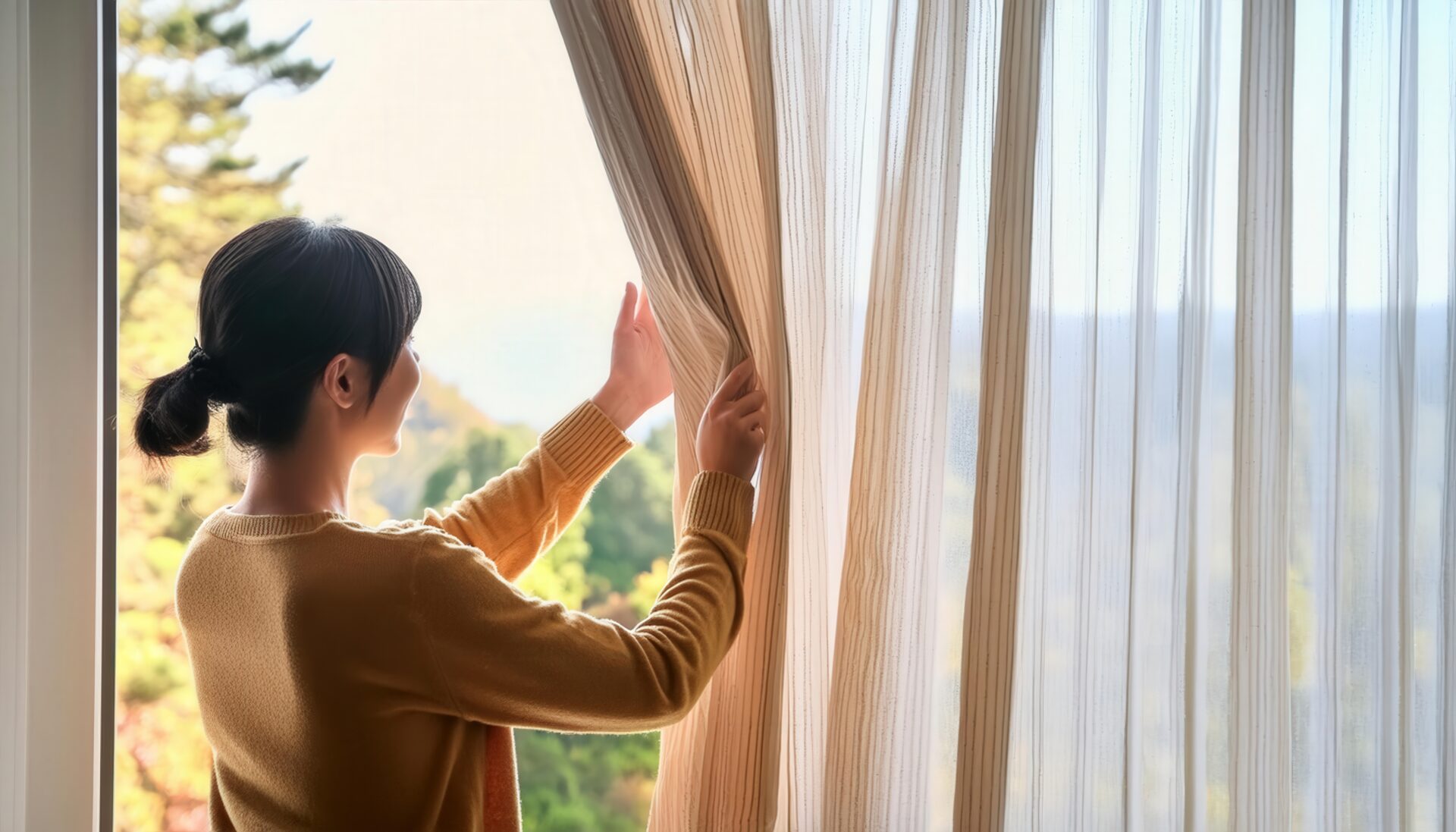 横から見た若い女性がカーテンを開ける瞬間