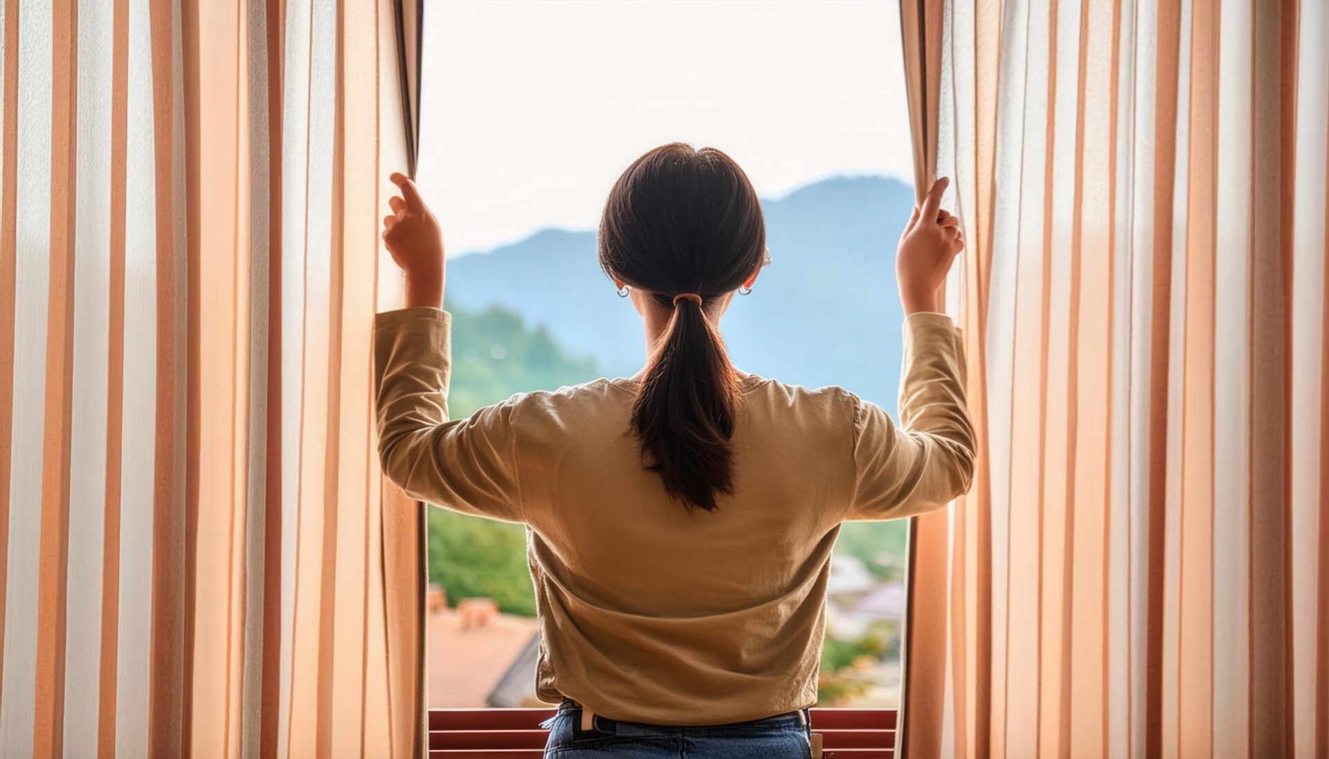 後ろ姿の女性がカーテンを開く朝の風景