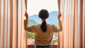 後ろ姿の女性がカーテンを開く朝の風景