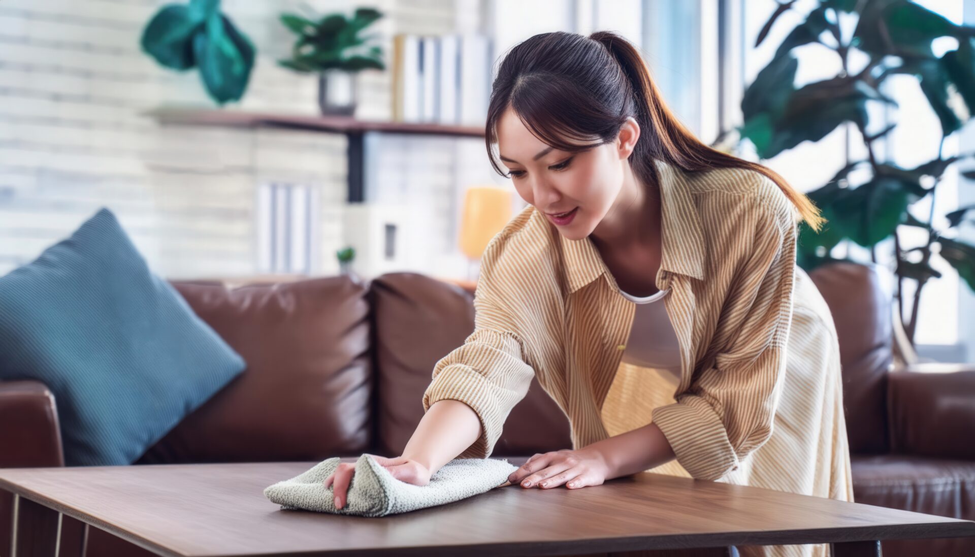 リビングでテーブルを拭く若い女性