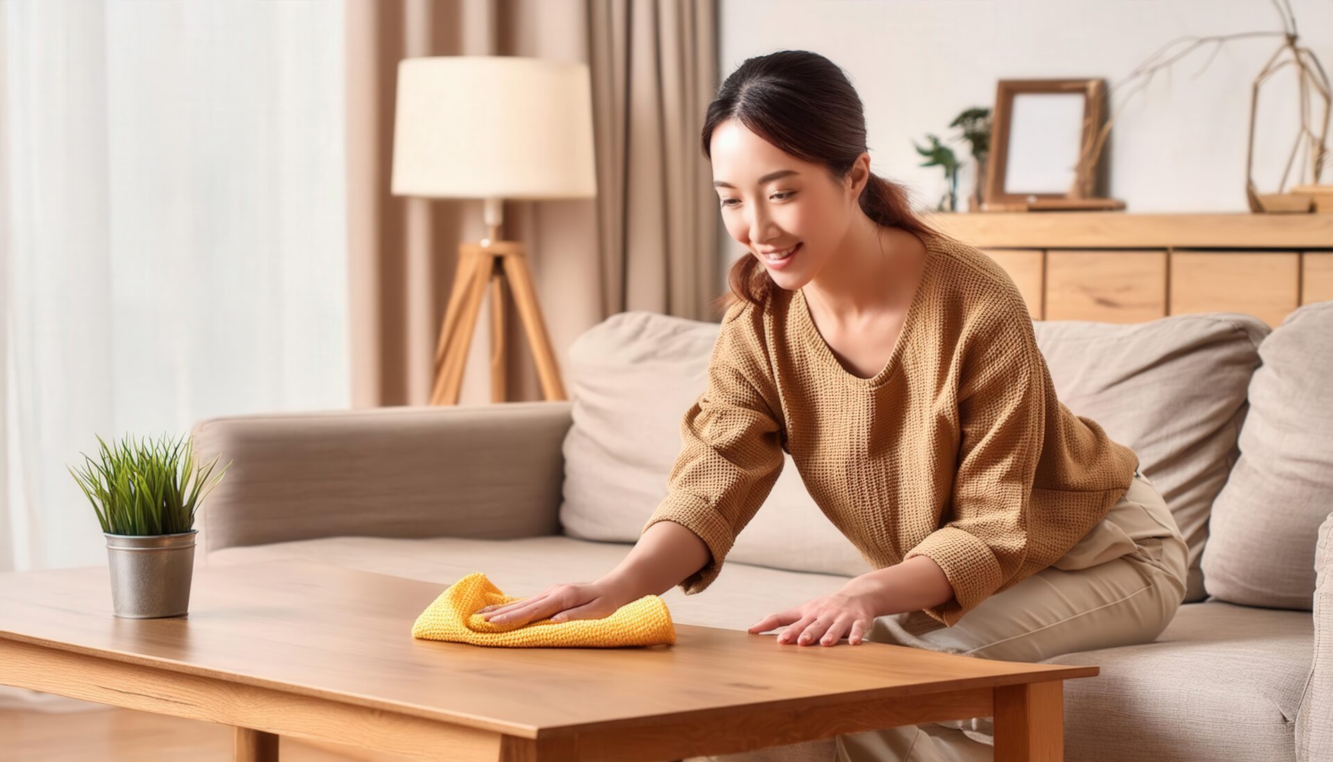 ナチュラルな部屋でテーブルを拭く若い女性