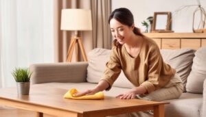 ナチュラルな部屋でテーブルを拭く若い女性