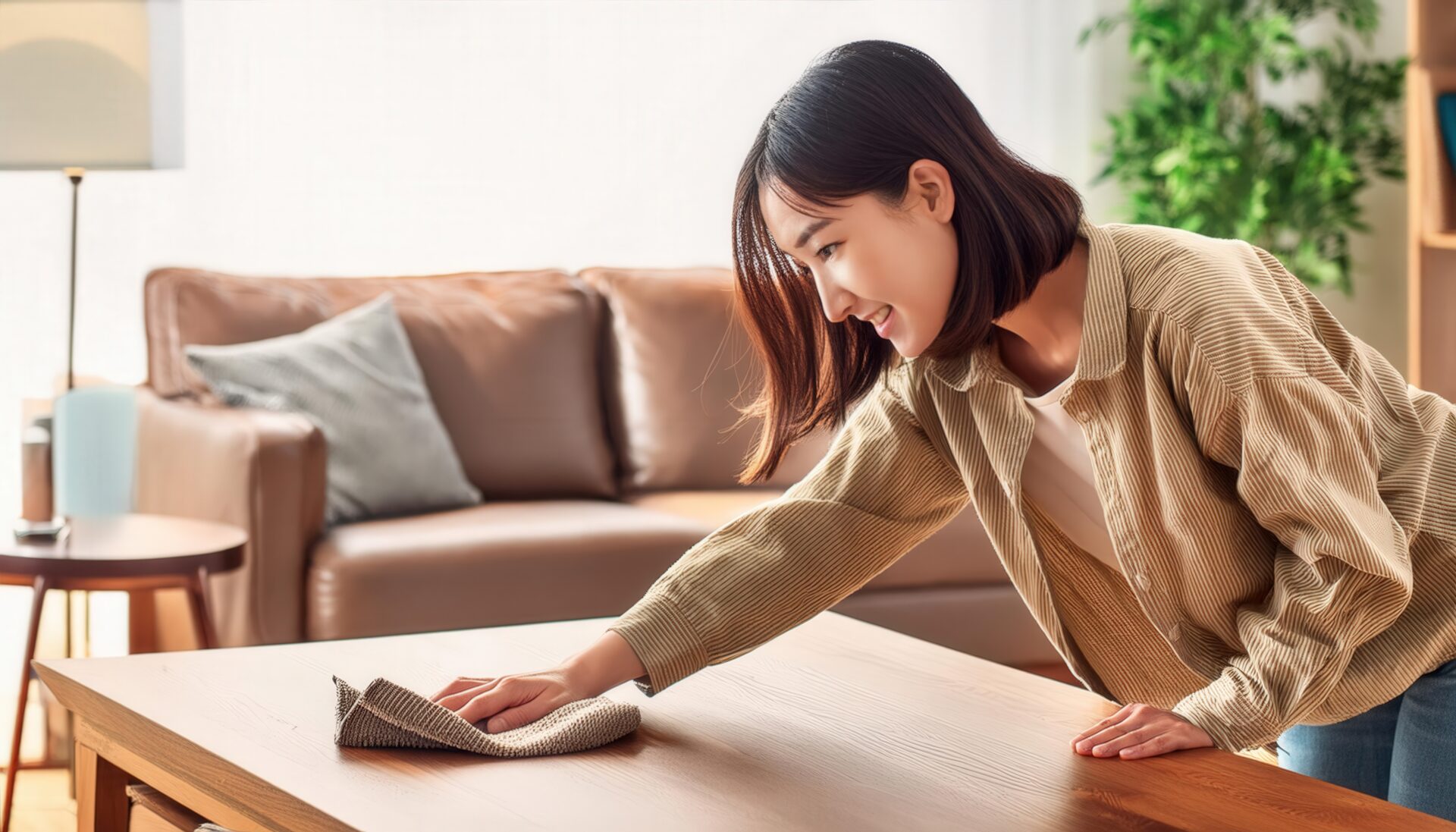 明るいリビングでテーブルを拭く若い女性