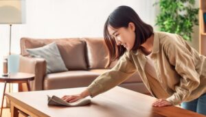 明るいリビングでテーブルを拭く若い女性