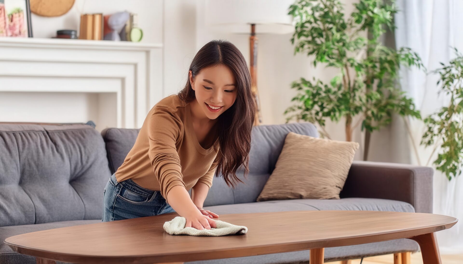 グレーのソファがある部屋でテーブルを拭く若い女性