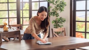 大きな窓のあるダイニングでテーブルを拭く若い女性