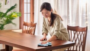 和風の窓際がある部屋でテーブルを拭く若い女性