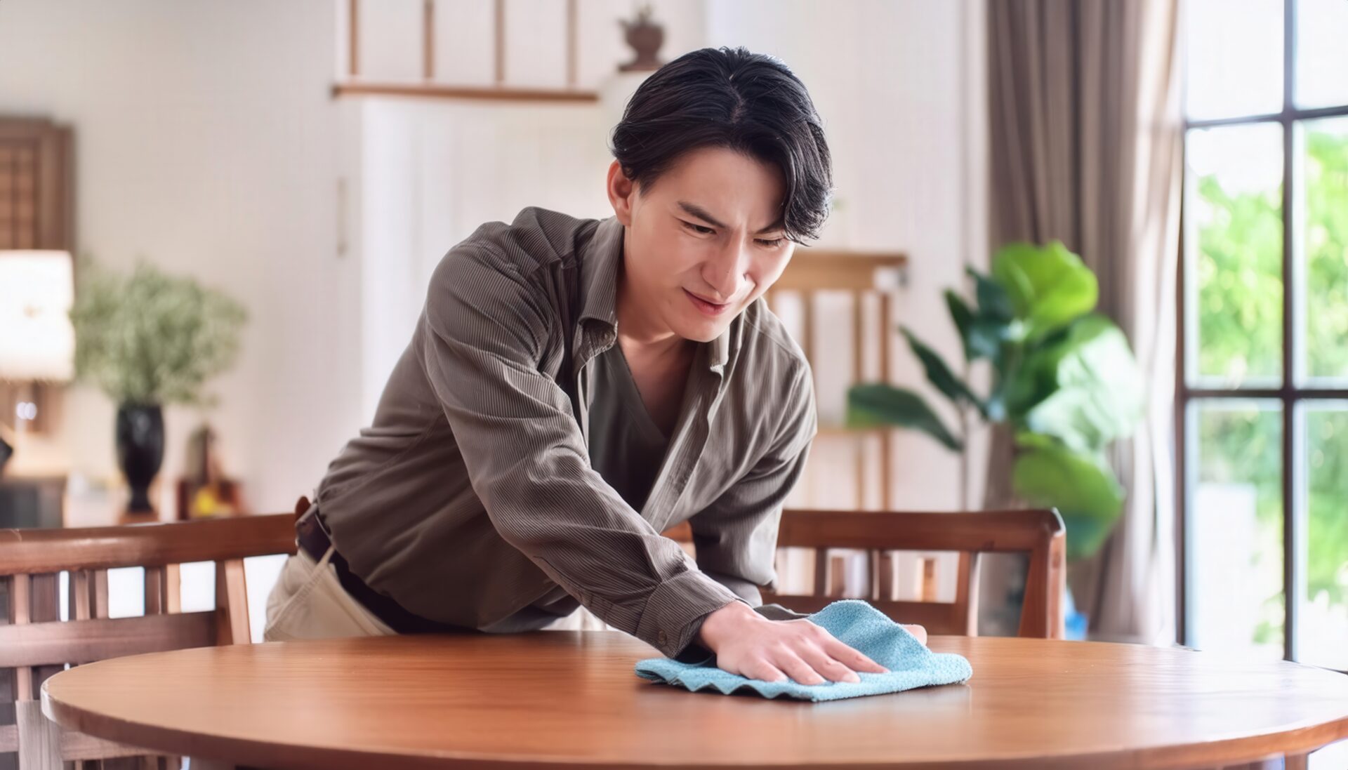 ダイニングテーブルを拭く若い男性
