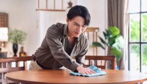ダイニングテーブルを拭く若い男性