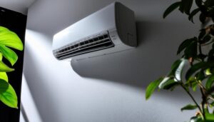 天井付近に設置された白いエアコン