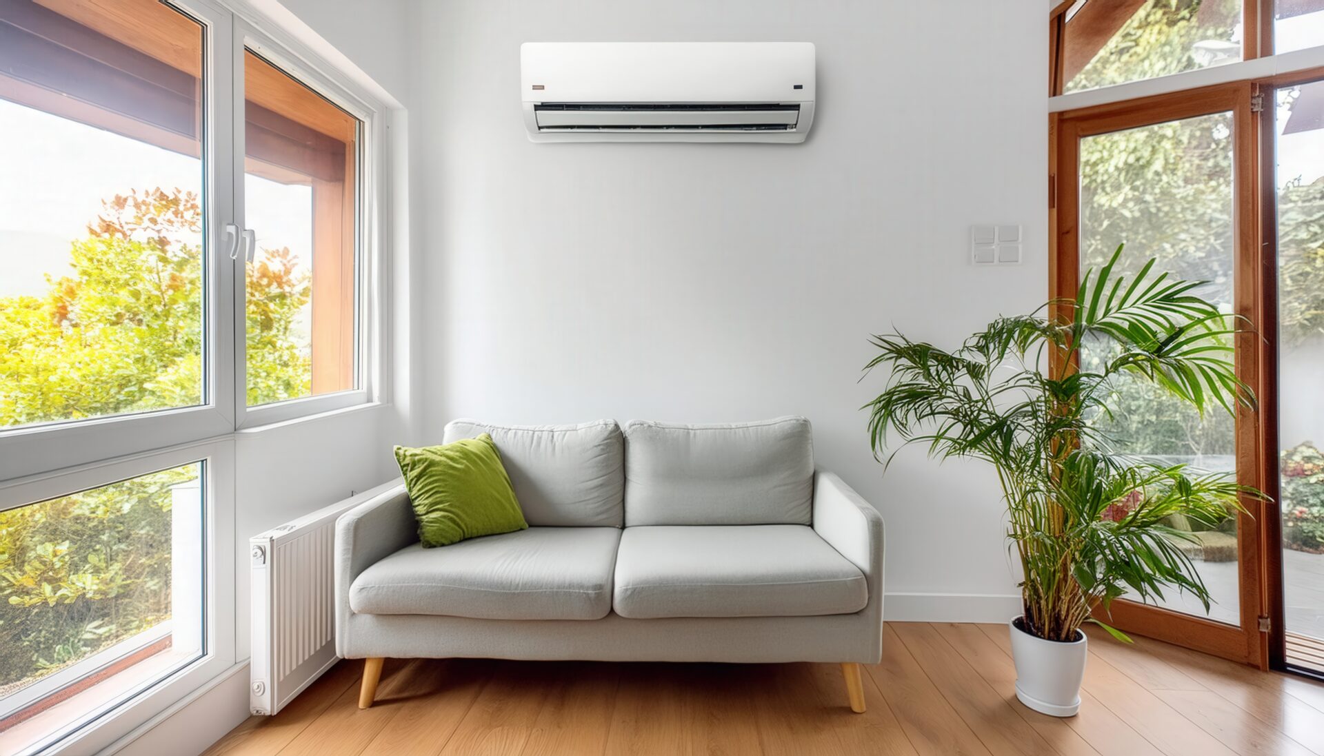 木製天井と窓のある部屋に設置された白いエアコン