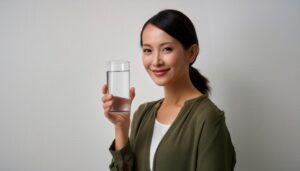 穏やかな表情でグラスの水を手に持つ20代女性