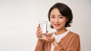 グラスの水を手に持ちポーズをとる人