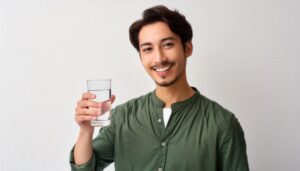 グラスの水を手に持ちリラックスした表情の人