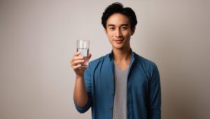 グラスの水を手に持ちこちらを見る人