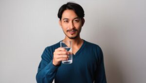グラスの水を手に持つ青いシャツの人