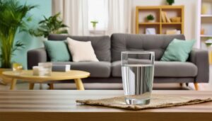 ソファの前に置かれたグラスの水