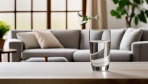 窓辺のリビングに置かれたグラスの水