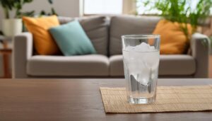 テーブルに置かれた氷入りのグラスの水
