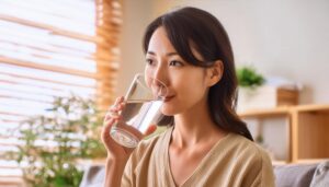 室内でグラスの水を飲む人