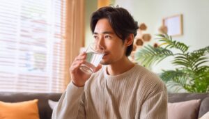 リビングでグラスの水を飲む人（男性）※