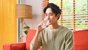 赤いソファで水を飲むベージュニットの男性