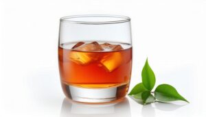 緑の葉を添えた氷入りの麦茶