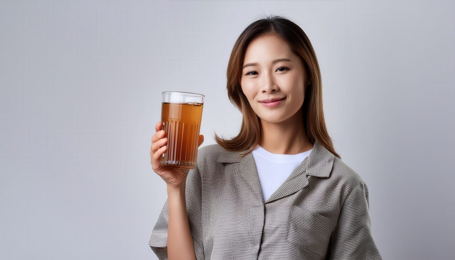 大きなグラスの麦茶を持つ人