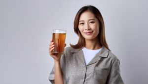 大きなグラスの麦茶を持つ人