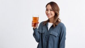 麦茶のグラスを手にした人
