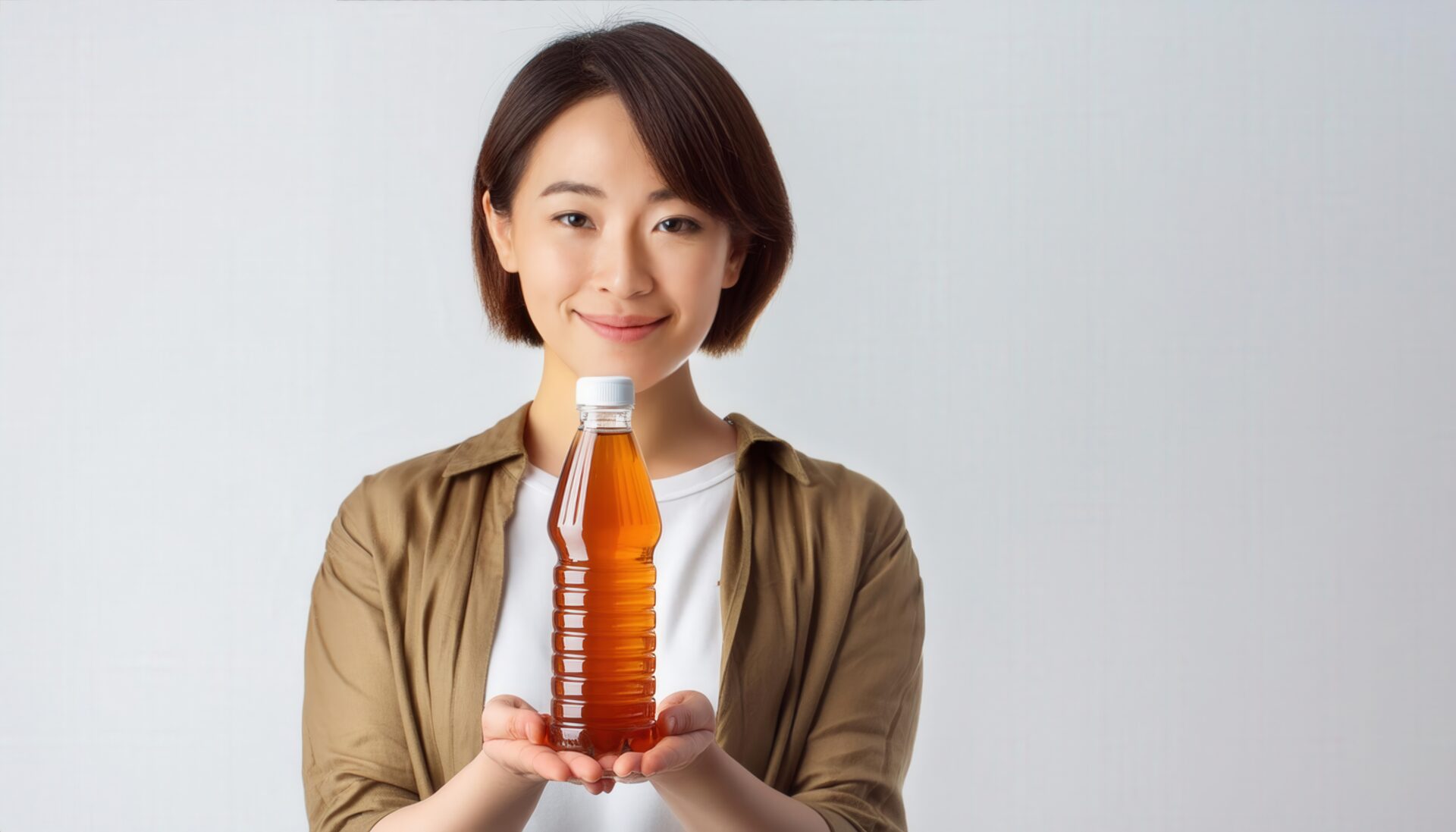 ペットボトルの麦茶を手に持つ人