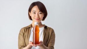 ペットボトルの麦茶を手に持つ人