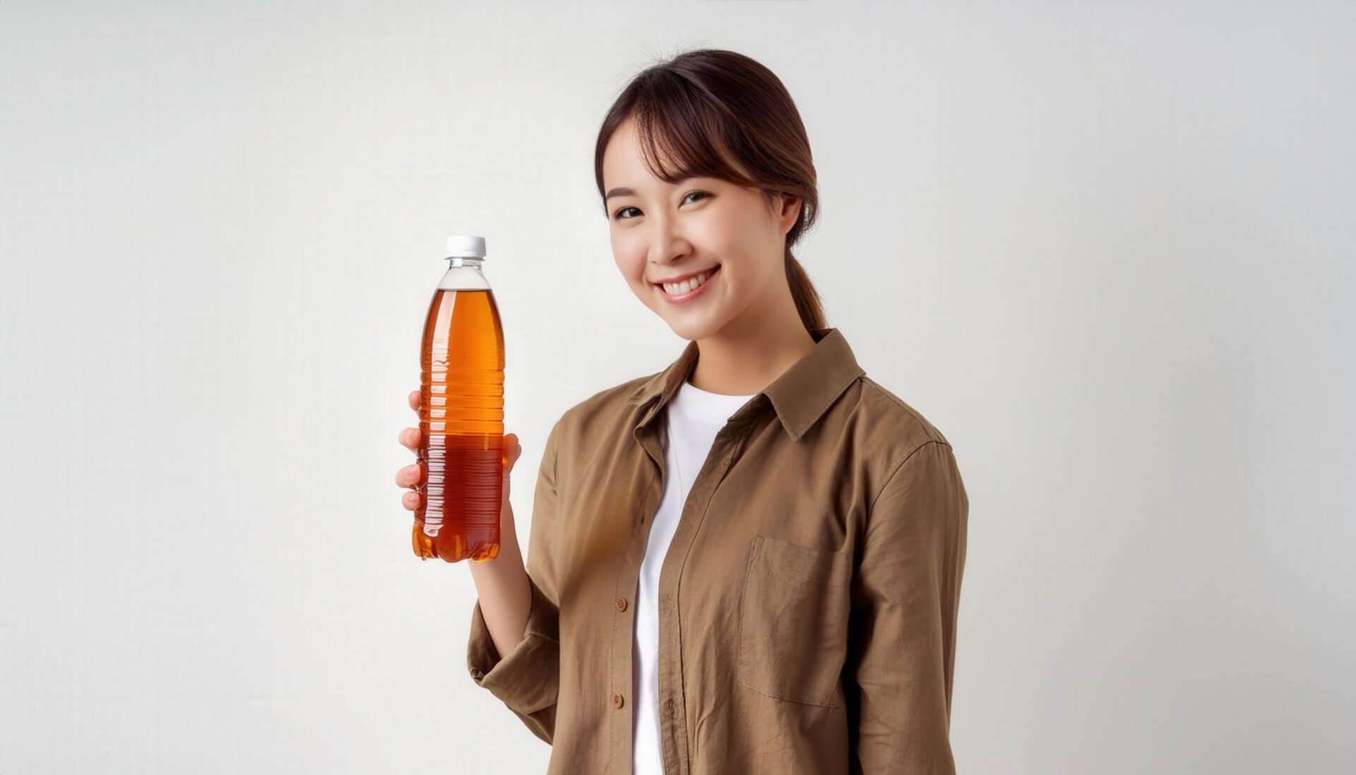ペットボトルの麦茶を見せる人