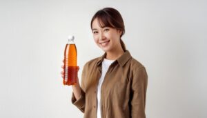 ペットボトルの麦茶を見せる人