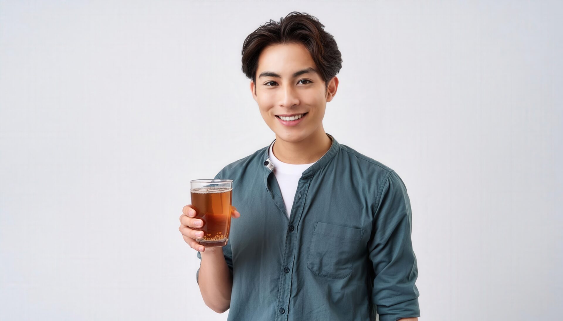 麦茶のグラスを手に持つ人