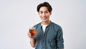 麦茶のグラスを手に持つ人