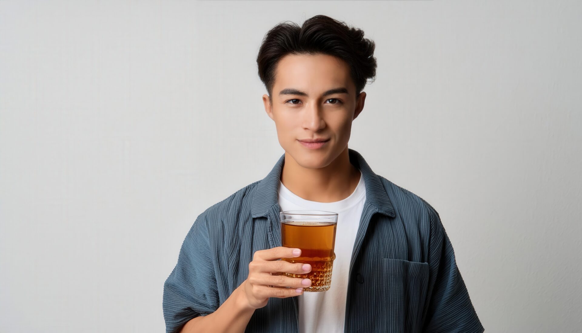 グラスの麦茶を持つ人
