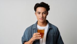 グラスの麦茶を持つ人