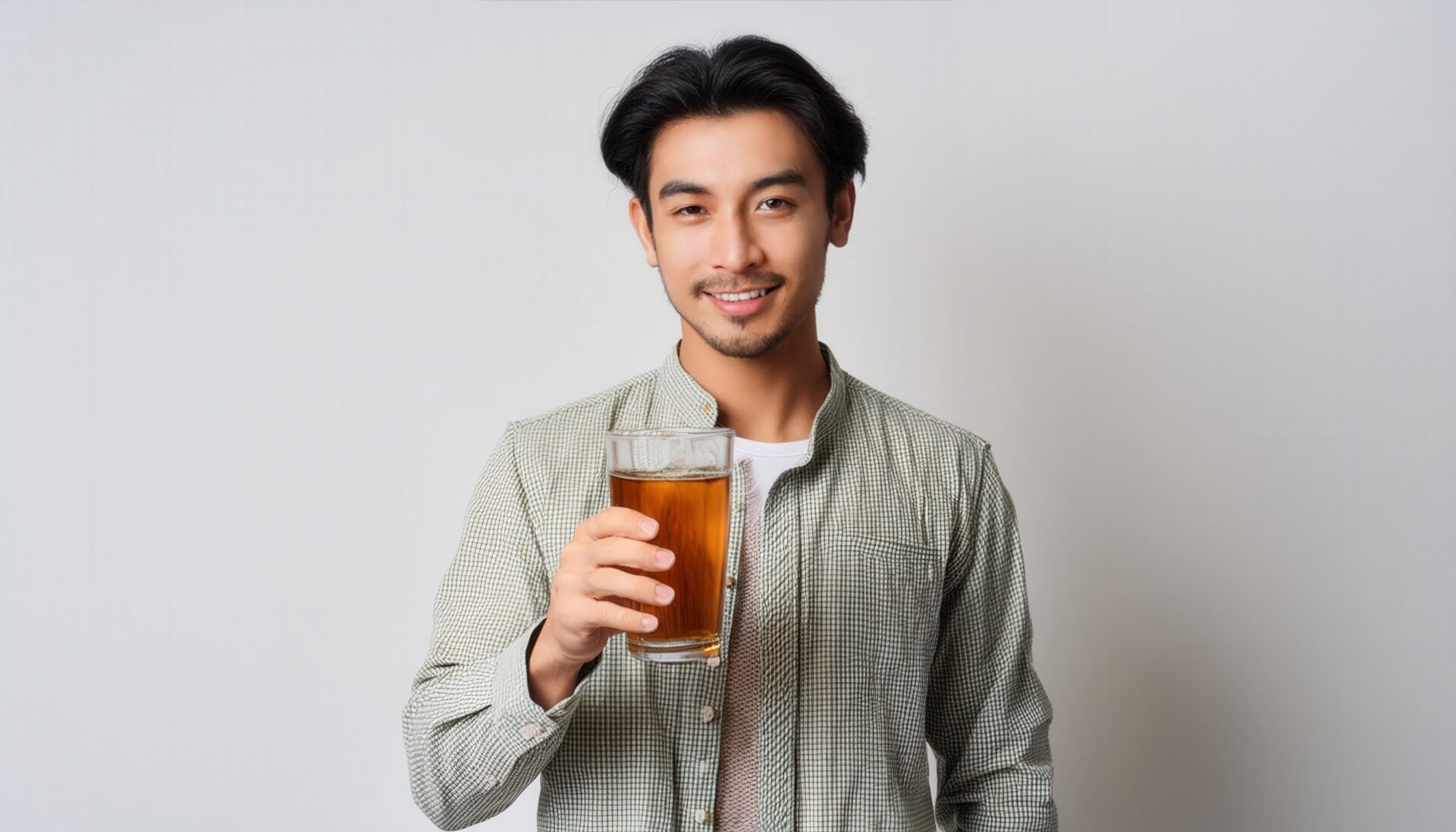 大きめのグラスに入った麦茶を持つ人