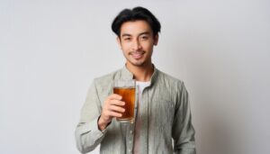 大きめのグラスに入った麦茶を持つ人