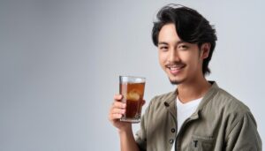 氷入りの麦茶を手にする人