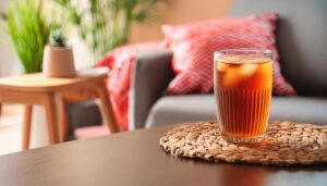 リビングテーブルに置かれた氷入りの麦茶