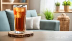 木製コースターに置かれた氷入りの麦茶