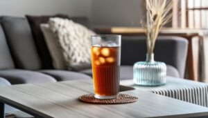 落ち着いたリビングに置かれた氷入りの麦茶