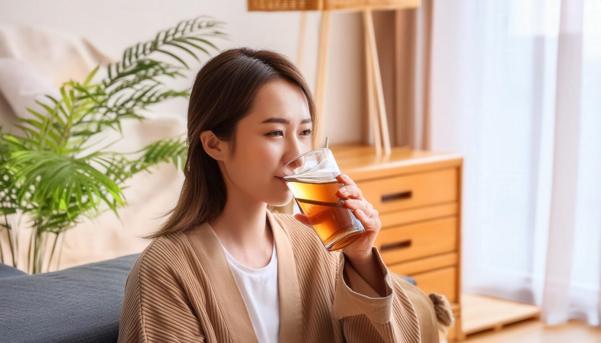 室内でグラスの茶色い飲み物を飲む若い人