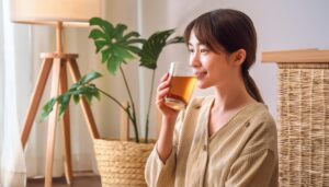 自宅風の空間でグラスの茶色い飲み物を飲む若い人