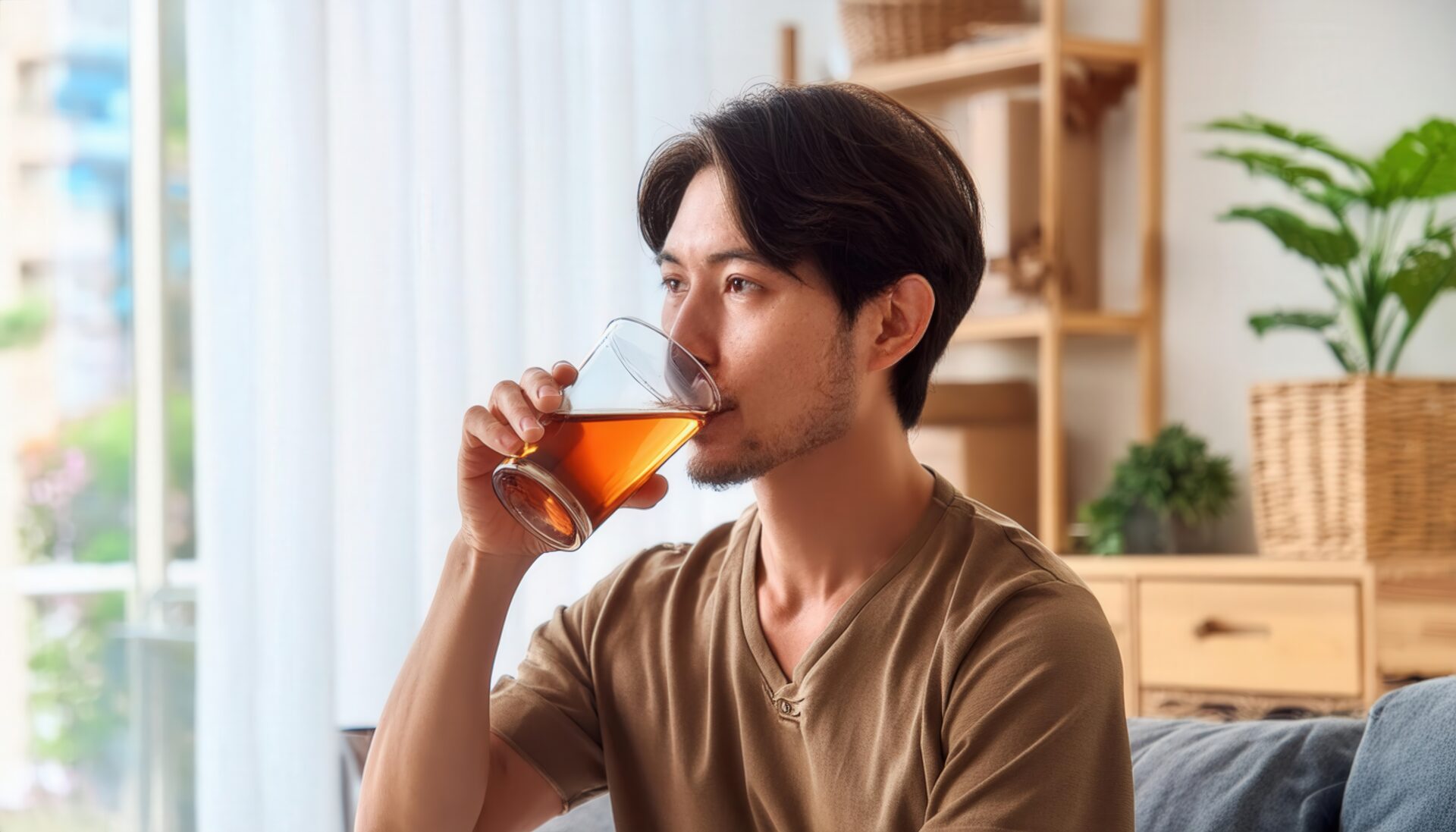 室内でお茶を飲む若い人