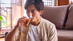 ソファに座ってお茶を飲む若い人